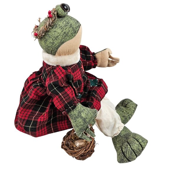 Christmas Frog Shelf Sitter Plush Doll Basket Dress Apron Croaks Jingle Bells - Picture 7 of 9